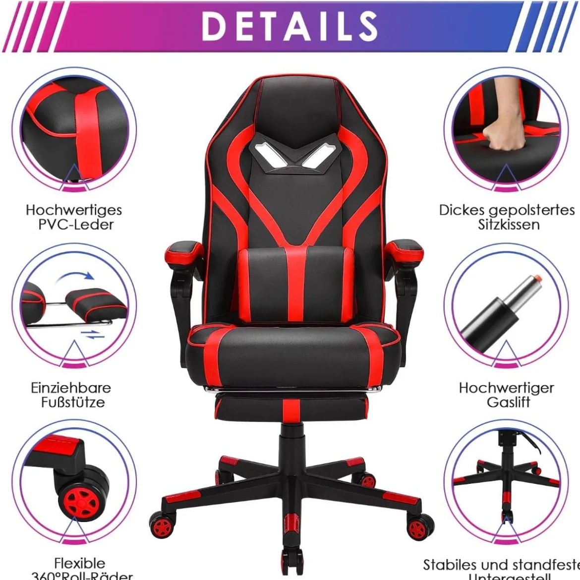 Gaming Stuhl PC-Stuhl Bürostuhl mit Einziehbarer Fußstütze Lendenkissen Rot