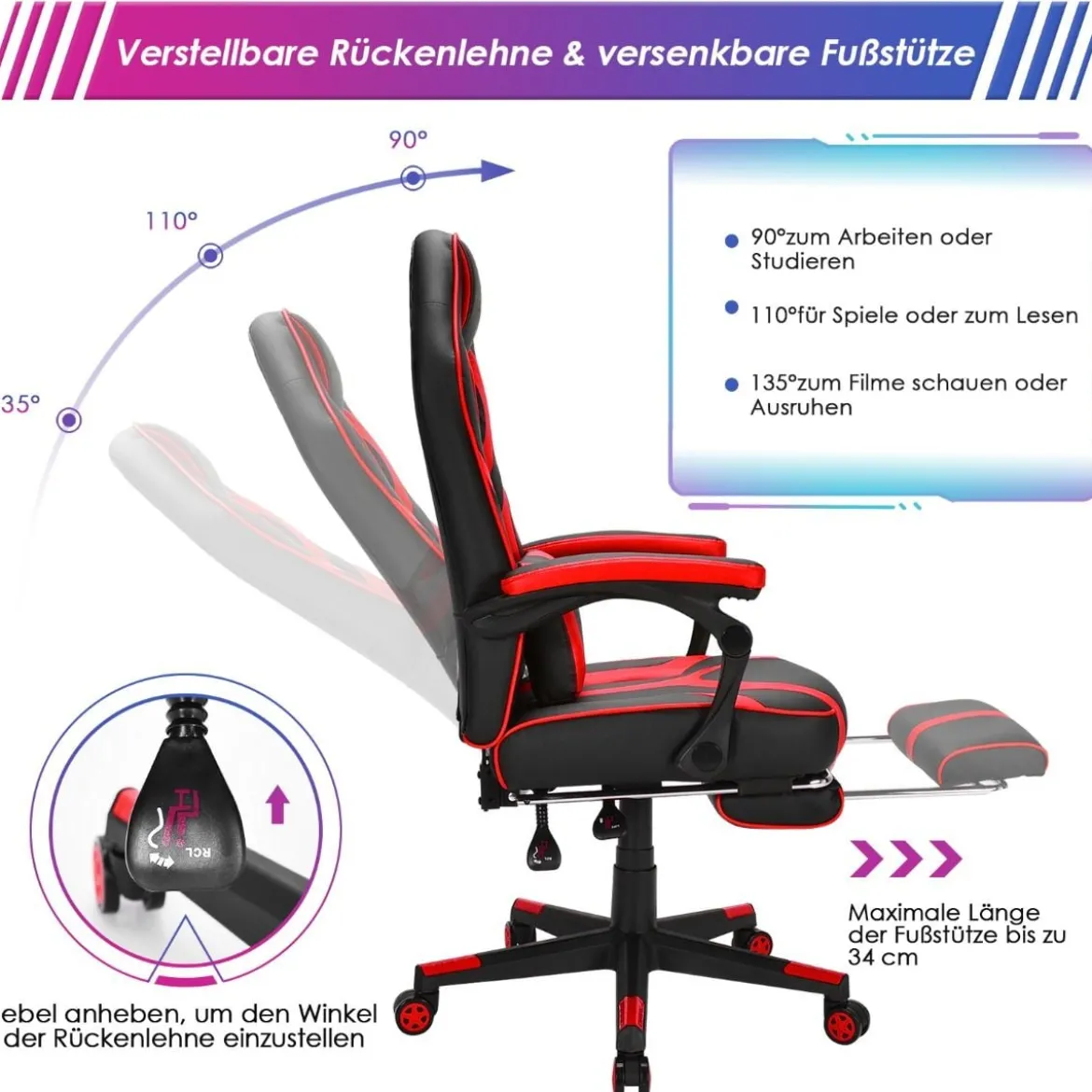 Gaming Stuhl PC-Stuhl Bürostuhl mit Einziehbarer Fußstütze Lendenkissen Rot