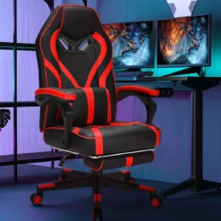 Gaming Stuhl PC-Stuhl Bürostuhl mit Einziehbarer Fußstütze Lendenkissen Rot