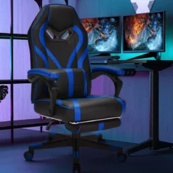 Gaming Stuhl PC-Stuhl Bürostuhl mit Einziehbarer Fußstütze Lendenkissen Blau