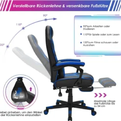 Gaming Stuhl PC-Stuhl Bürostuhl mit Einziehbarer Fußstütze Lendenkissen Blau
