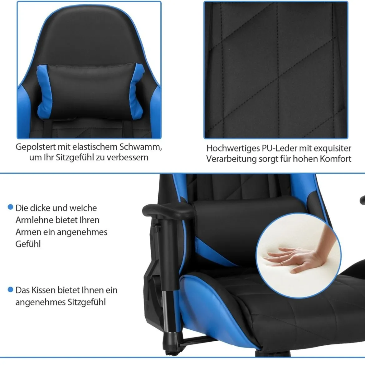Gaming Stuhl Racing Style Drehstuhl mit Kopfstütze & Lendenkisse 90°-160° Verstellbarer Neigungswinkel Weiß/Rot/Blau