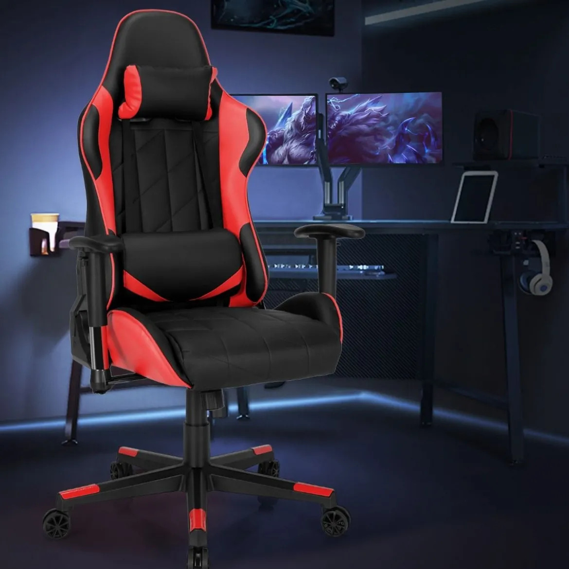 Gaming Stuhl Racing Style Drehstuhl mit Kopfstütze & Lendenkisse 90°-160° Verstellbarer Neigungswinkel Weiß/Rot/Blau