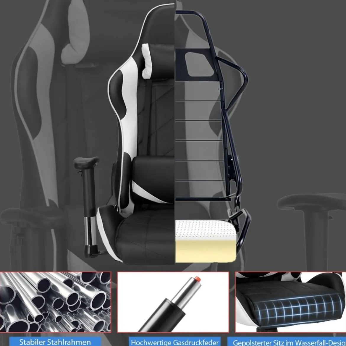 Gaming Stuhl Racing Style Drehstuhl mit Kopfstütze & Lendenkisse 90°-160° Verstellbarer Neigungswinkel Weiß/Rot/Blau
