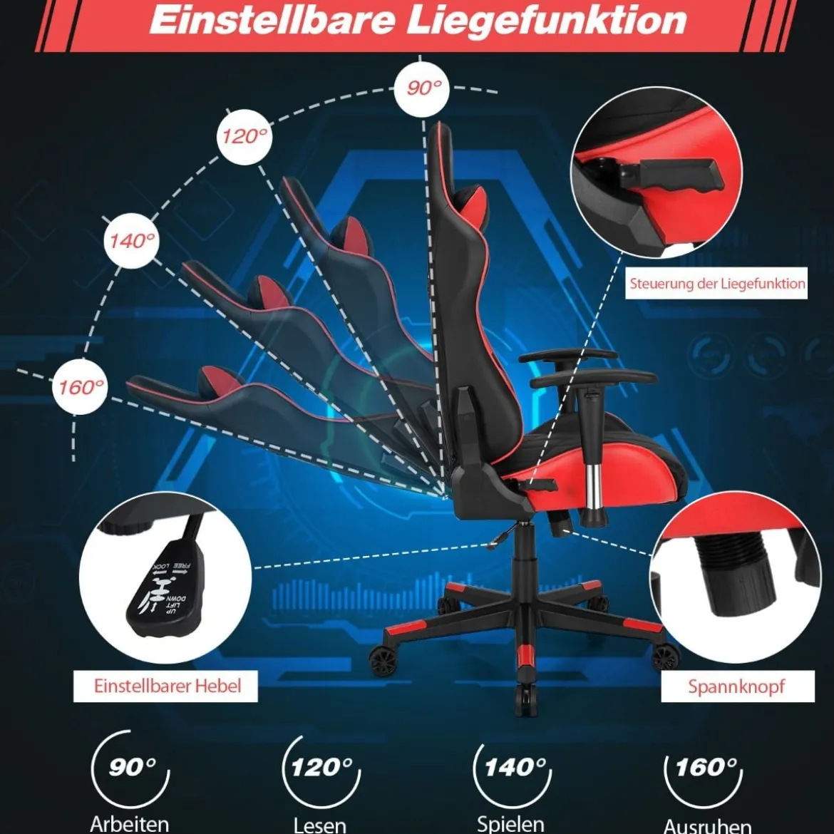 Gaming Stuhl Racing Style Drehstuhl mit Kopfstütze & Lendenkisse 90°-160° Verstellbarer Neigungswinkel Weiß/Rot/Blau
