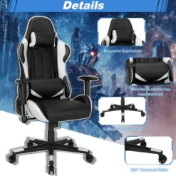 Gaming Stuhl Racing Style Drehstuhl mit Kopfstütze & Lendenkisse 90°-160° Verstellbarer Neigungswinkel Weiß/Rot/Blau