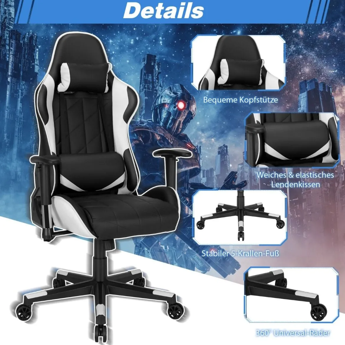 Gaming Stuhl Racing Style Drehstuhl mit Kopfstütze & Lendenkisse 90°-160° Verstellbarer Neigungswinkel Weiß/Rot/Blau