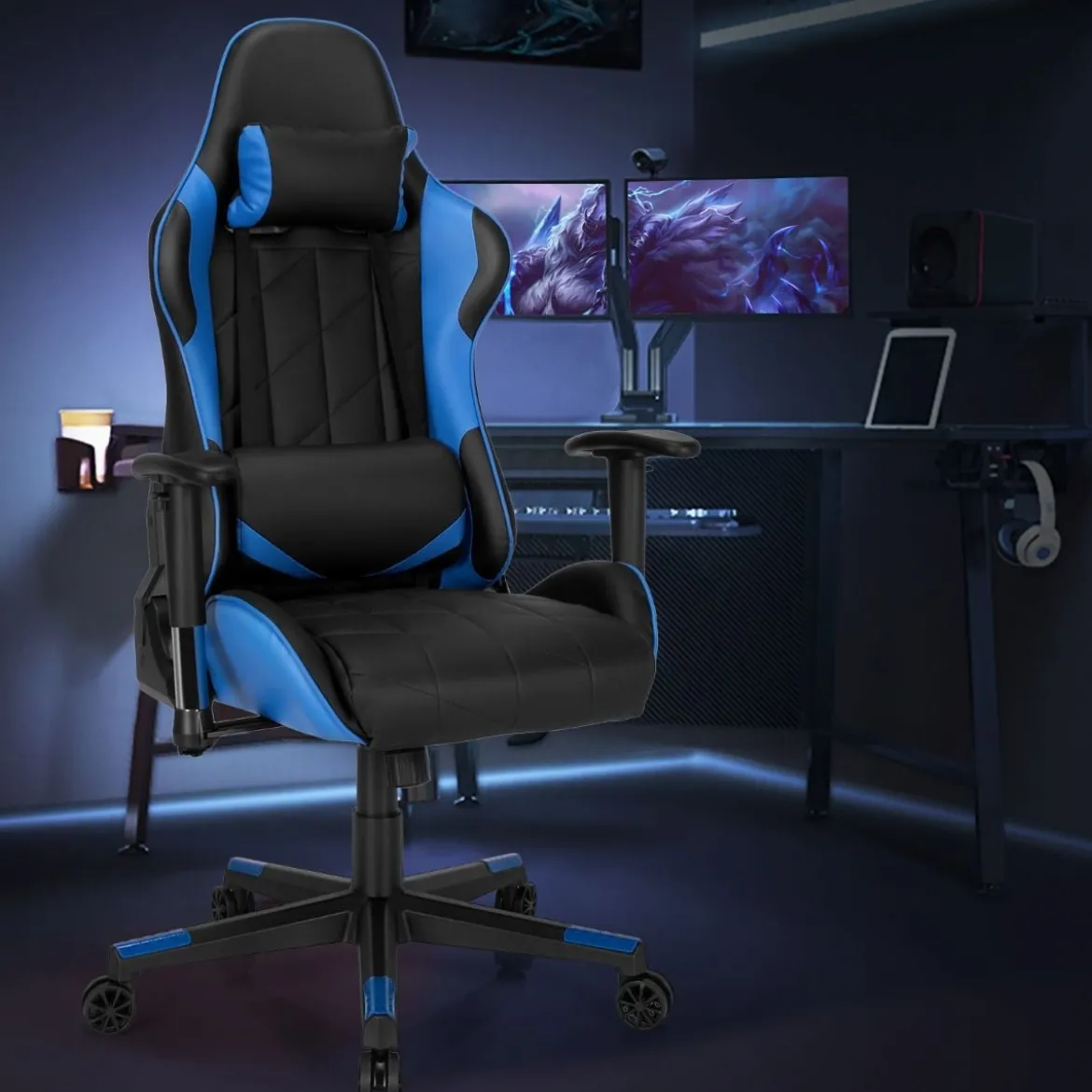 Gaming Stuhl Racing Style Drehstuhl mit Kopfstütze & Lendenkisse 90°-160° Verstellbarer Neigungswinkel Weiß/Rot/Blau