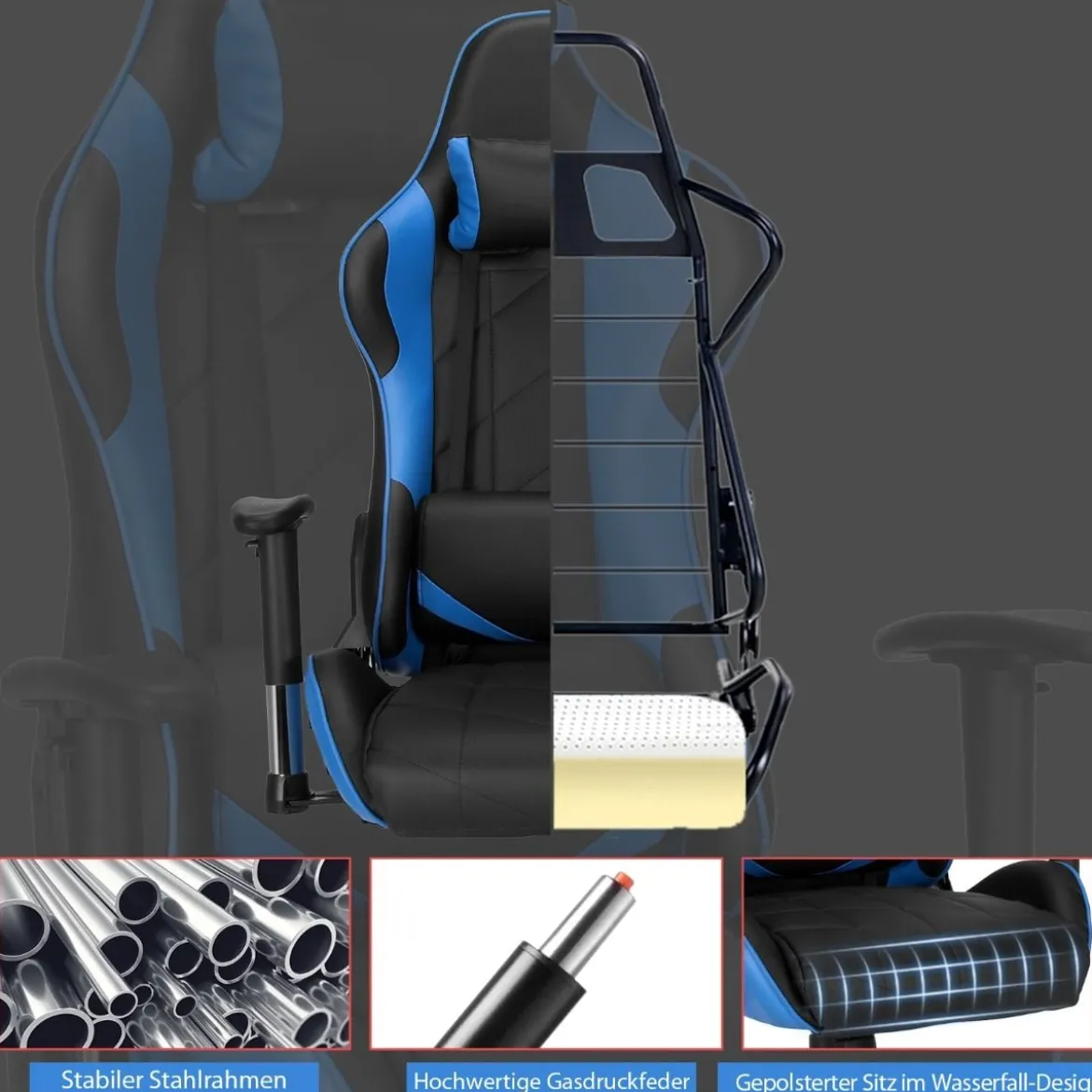 Gaming Stuhl Racing Style Drehstuhl mit Kopfstütze & Lendenkisse 90°-160° Verstellbarer Neigungswinkel Weiß/Rot/Blau