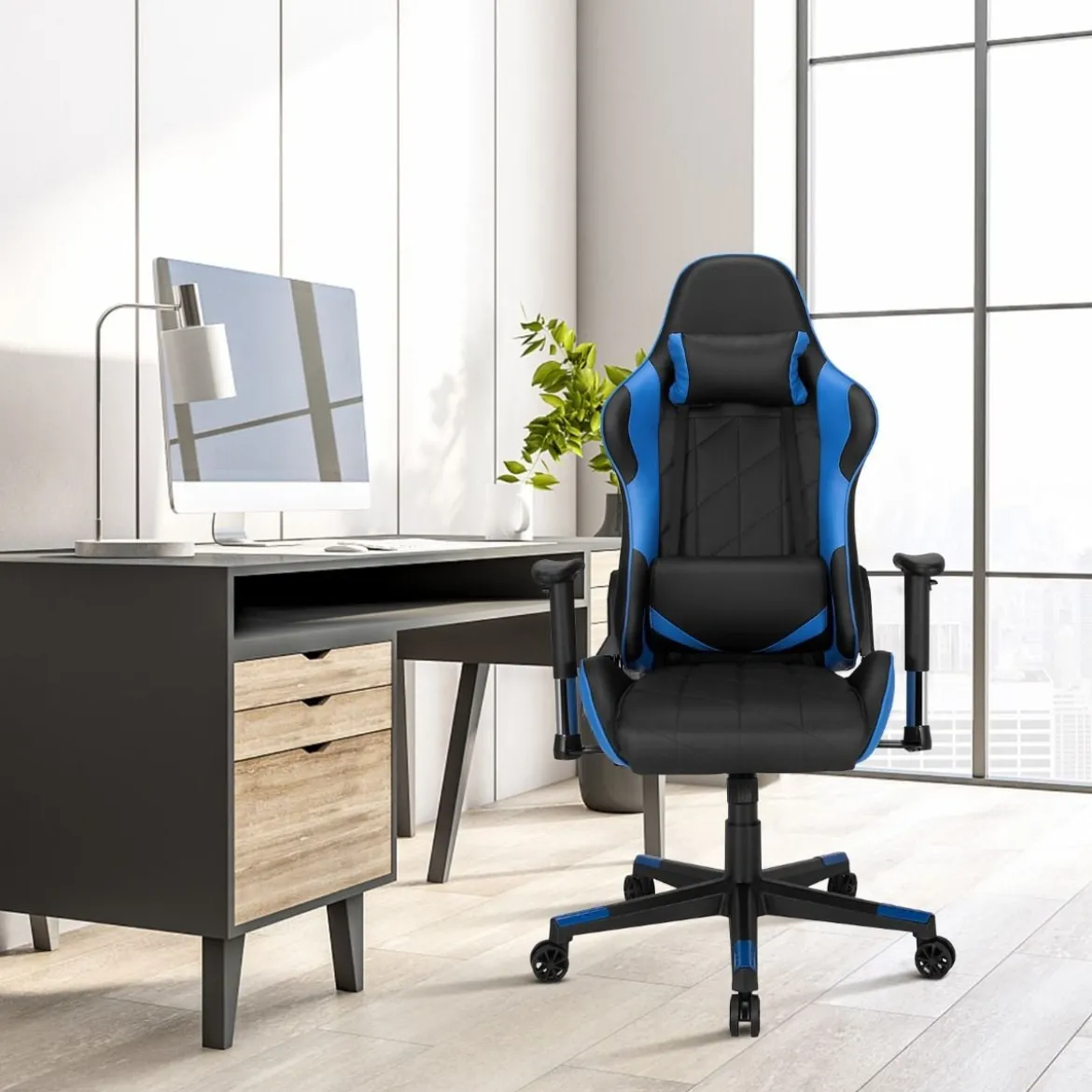 Gaming Stuhl Racing Style Drehstuhl mit Kopfstütze & Lendenkisse 90°-160° Verstellbarer Neigungswinkel Weiß/Rot/Blau