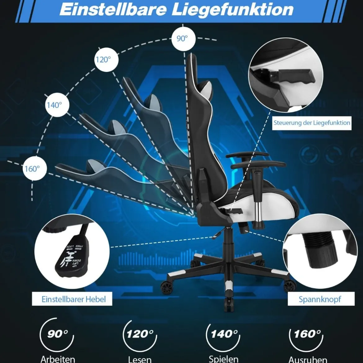 Gaming Stuhl Racing Style Drehstuhl mit Kopfstütze & Lendenkisse 90°-160° Verstellbarer Neigungswinkel Weiß/Rot/Blau