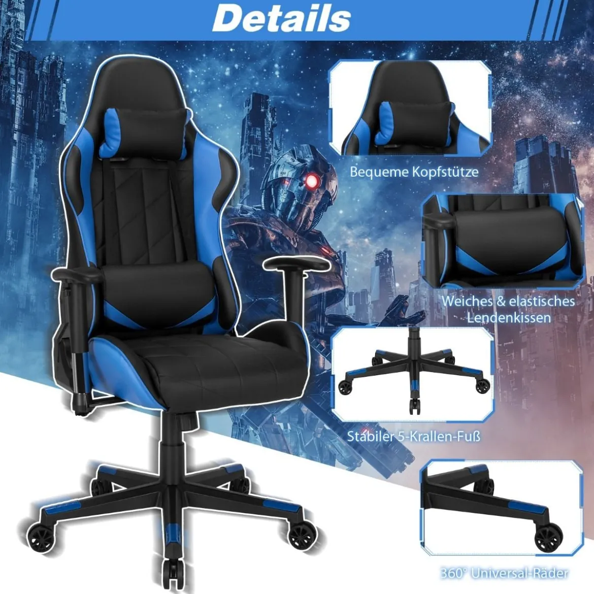 Gaming Stuhl Racing Style Drehstuhl mit Kopfstütze & Lendenkisse 90°-160° Verstellbarer Neigungswinkel Weiß/Rot/Blau