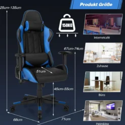 Gaming Stuhl Racing Style Drehstuhl mit Kopfstütze & Lendenkisse 90°-160° Verstellbarer Neigungswinkel Weiß/Rot/Blau