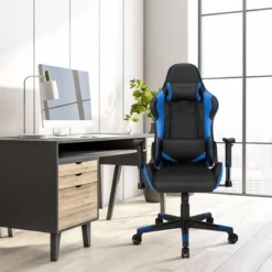 Gaming Stuhl Racing Style Drehstuhl mit Kopfstütze & Lendenkisse 90°-160° Verstellbarer Neigungswinkel Weiß/Rot/Blau