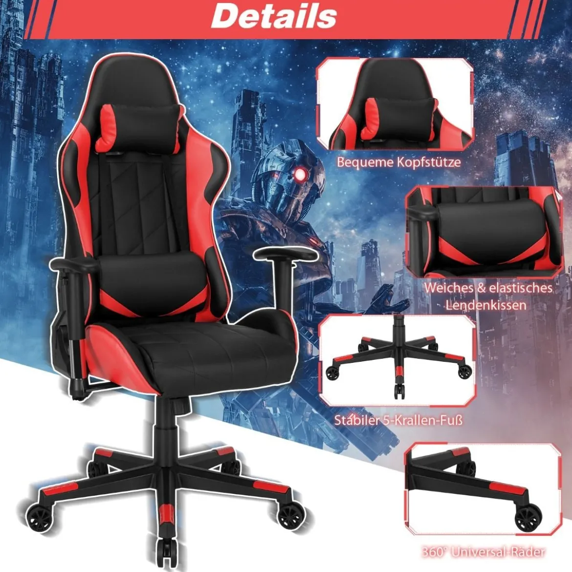 Gaming Stuhl Racing Style Drehstuhl mit Kopfstütze & Lendenkisse 90°-160° Verstellbarer Neigungswinkel Weiß/Rot/Blau