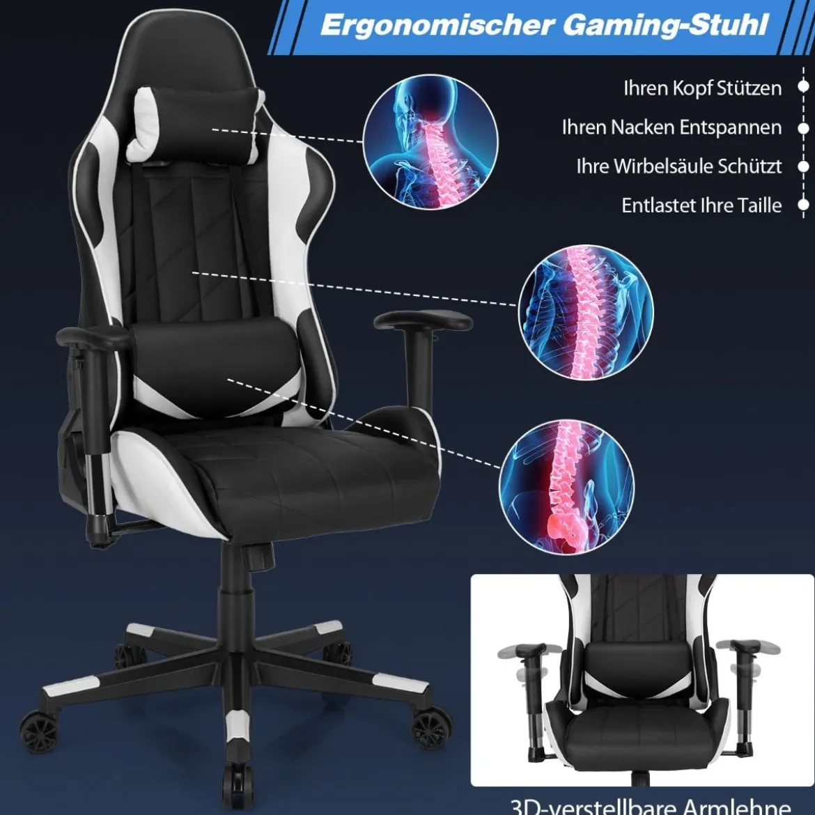 Gaming Stuhl Racing Style Drehstuhl mit Kopfstütze & Lendenkisse 90°-160° Verstellbarer Neigungswinkel Weiß/Rot/Blau