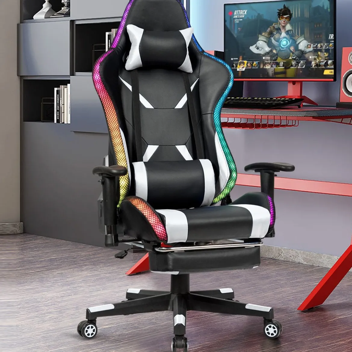 Gamingstuhl Verstellbarer Gaming Stuhl Bürostuhl Racing Chair Drehstuhl 70 x 74 x 126-136 cm Weiß
