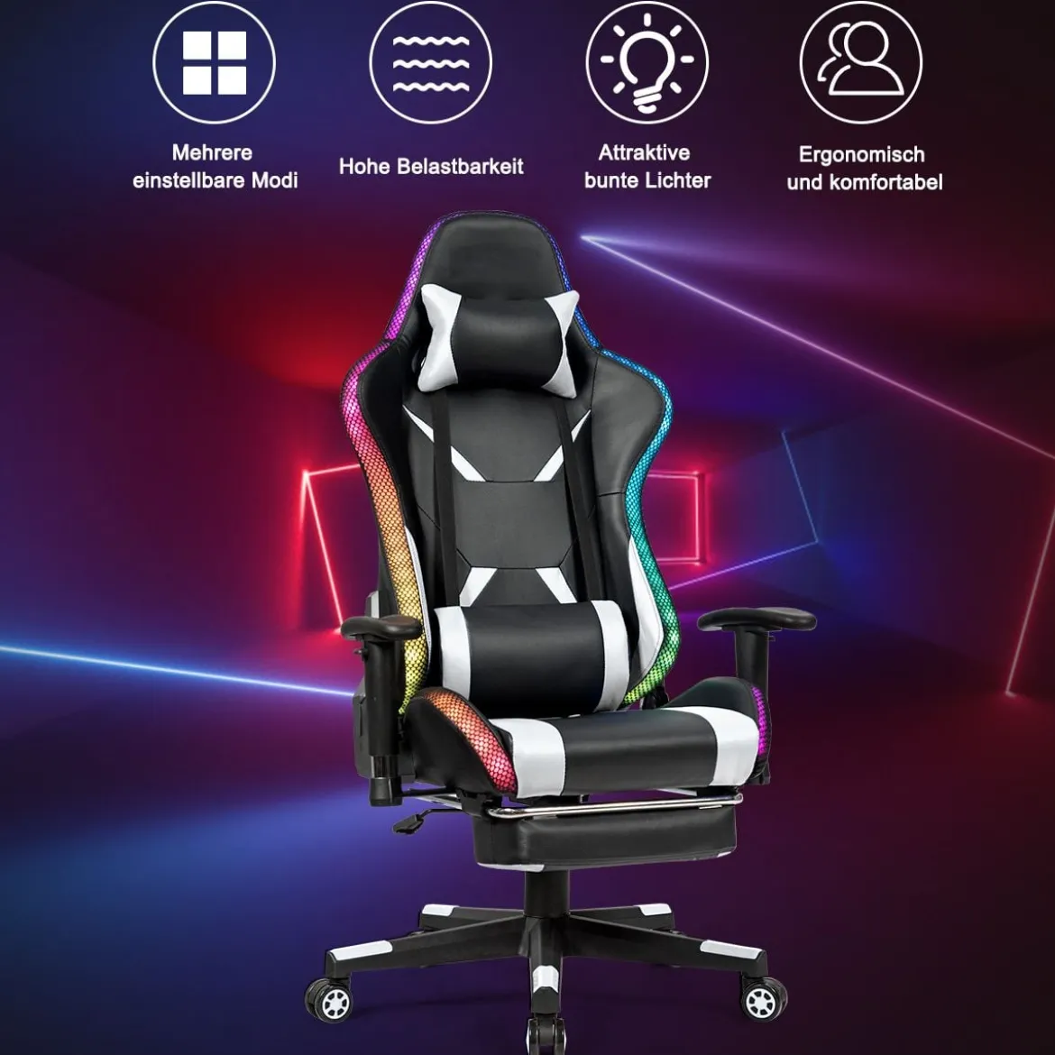 Gamingstuhl Verstellbarer Gaming Stuhl Bürostuhl Racing Chair Drehstuhl 70 x 74 x 126-136 cm Weiß