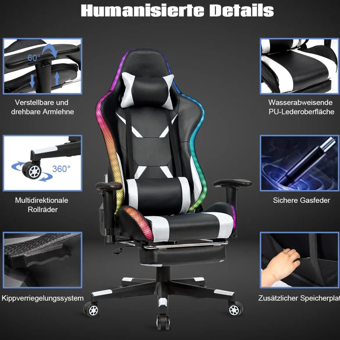 Gamingstuhl Verstellbarer Gaming Stuhl Bürostuhl Racing Chair Drehstuhl 70 x 74 x 126-136 cm Weiß