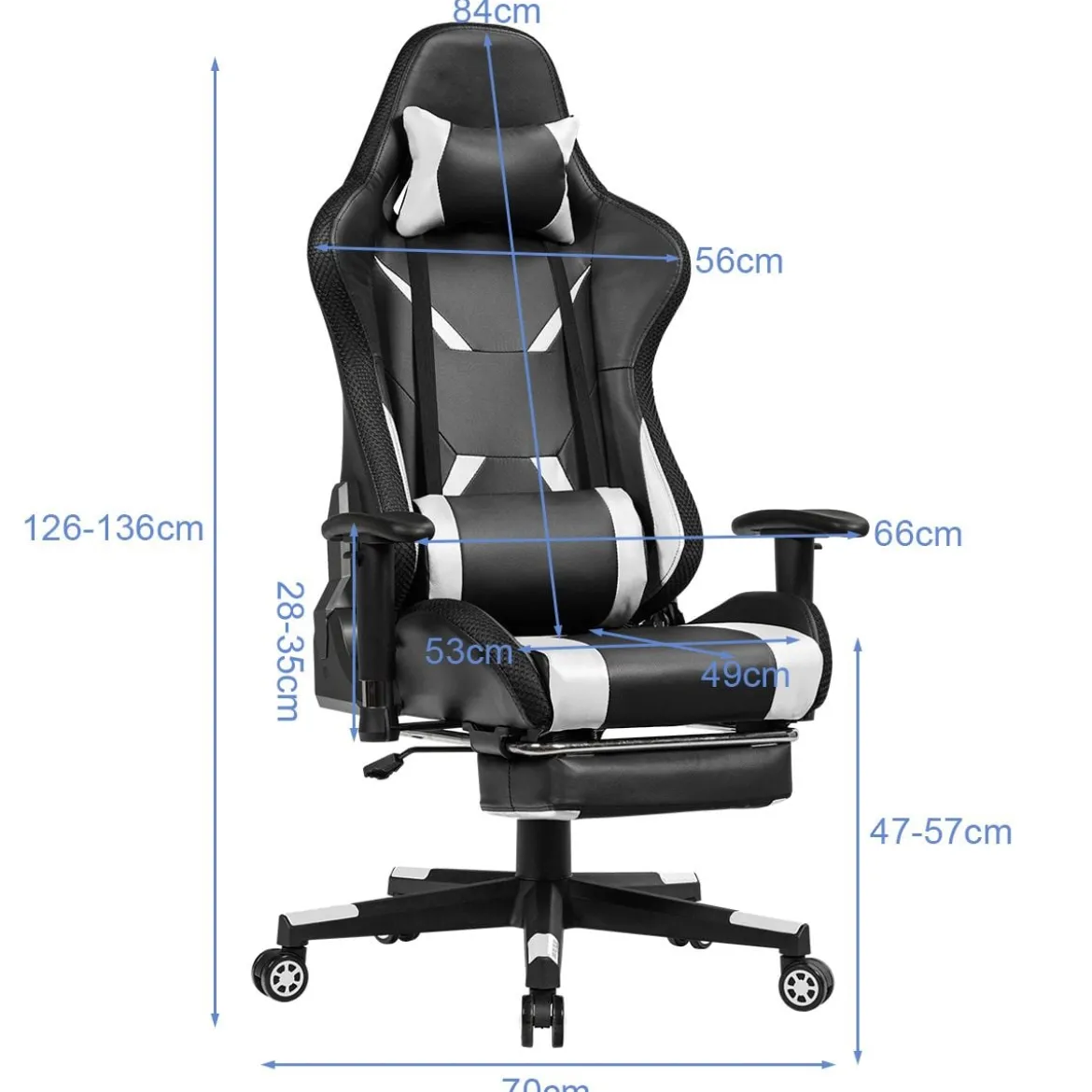 Gamingstuhl Verstellbarer Gaming Stuhl Bürostuhl Racing Chair Drehstuhl 70 x 74 x 126-136 cm Weiß
