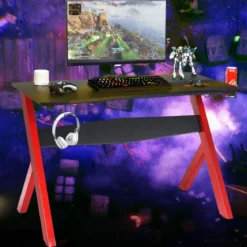 Gamingtisch Computertisch Gaming Schreibtisch mit Tassen- und Kopfhörerhalter und Mauspad für Zuhause Büro Spielzimmer