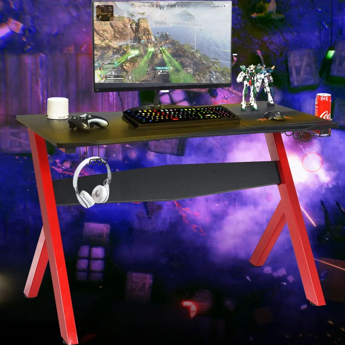 Gamingtisch Computertisch Gaming Schreibtisch mit Tassen- und Kopfhörerhalter und Mauspad für Zuhause Büro Spielzimmer