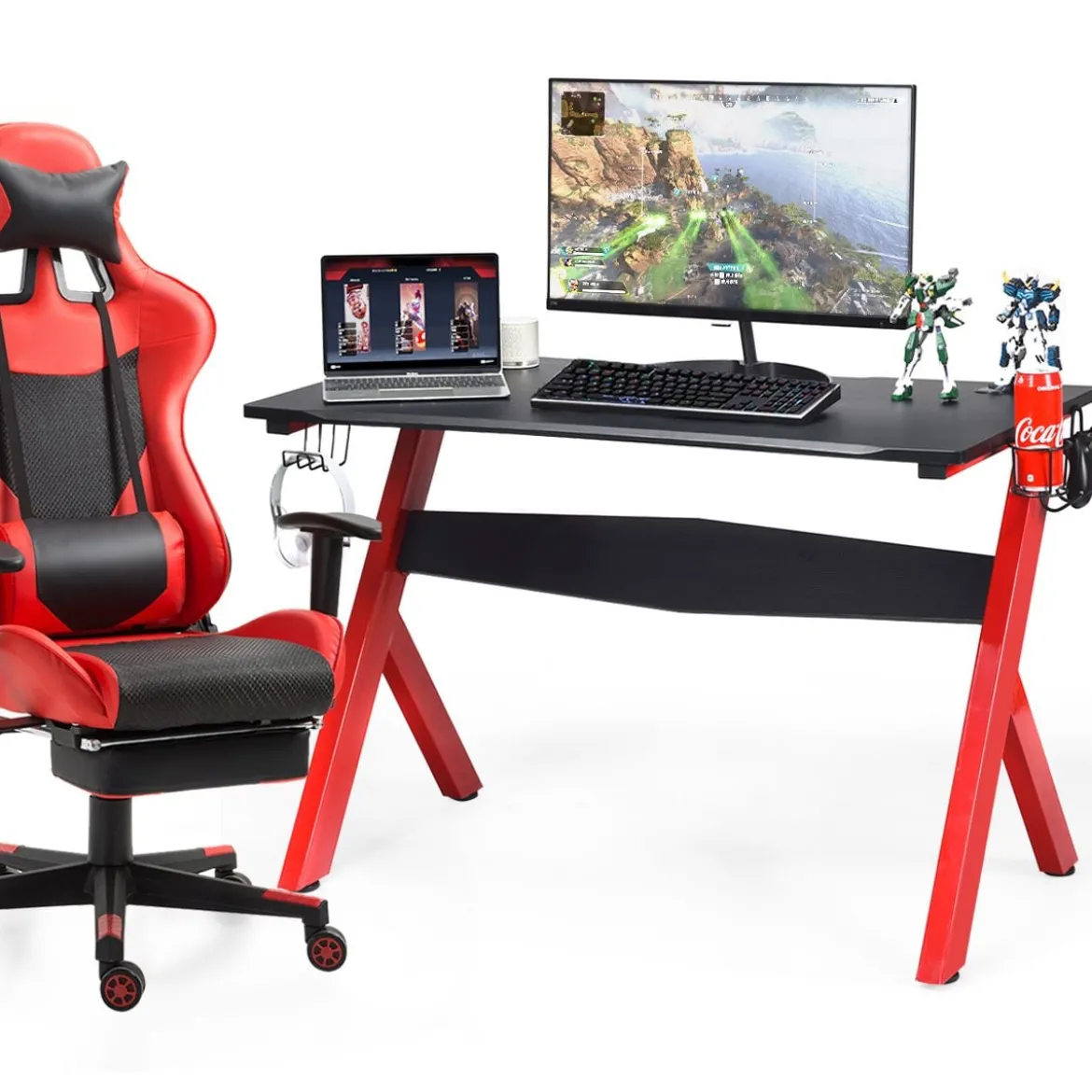Gamingtisch Computertisch Gaming Schreibtisch mit Tassen- und Kopfhörerhalter und Mauspad für Zuhause Büro Spielzimmer