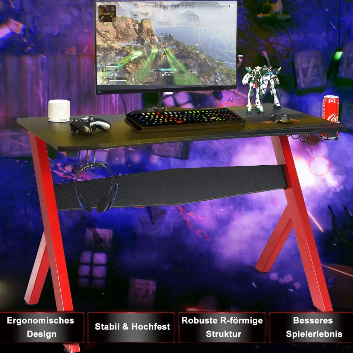 Gamingtisch Computertisch Gaming Schreibtisch mit Tassen- und Kopfhörerhalter und Mauspad für Zuhause Büro Spielzimmer