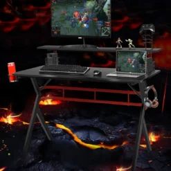 Gaming Tisch Computertisch Schreibtisch mit Monitorständer Getränkehalter Kopfhörer schwarz und rot
