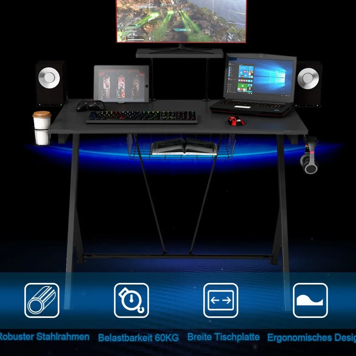 Gaming Tisch Ergonomischer Computertisch Gaming Desk Schwarz 106 x 59,5 x 101,5 cm