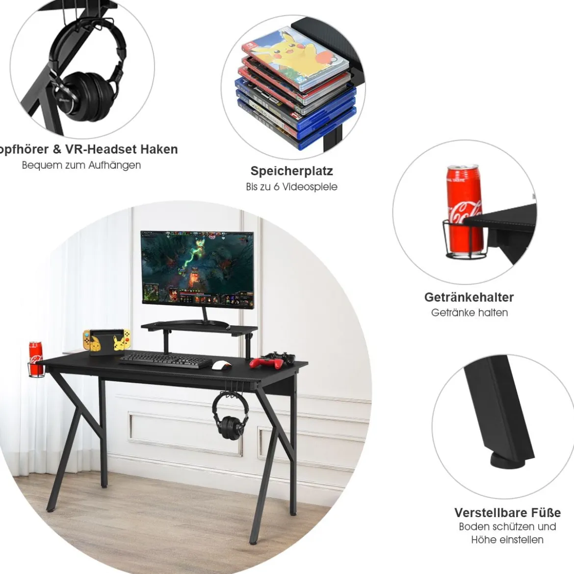 Gaming Tisch Ergonomischer PC Computertisch Schreibtisch Schwarz