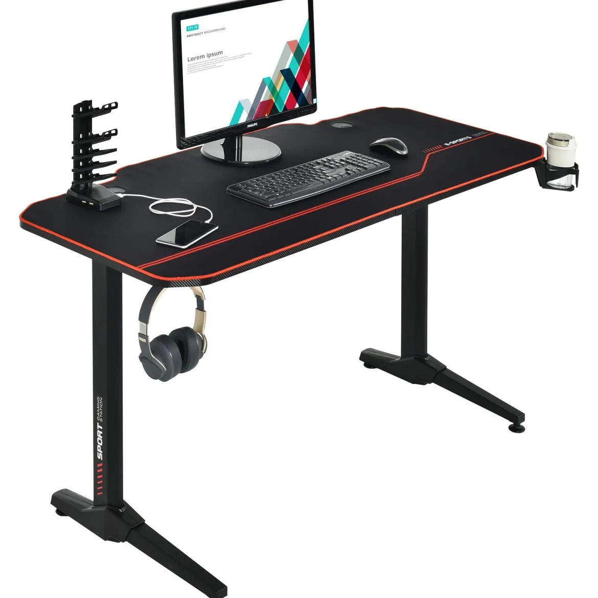 Gaming Tisch 3-fach höhenverstellbarer Computertisch Schreibtisch Schwarz