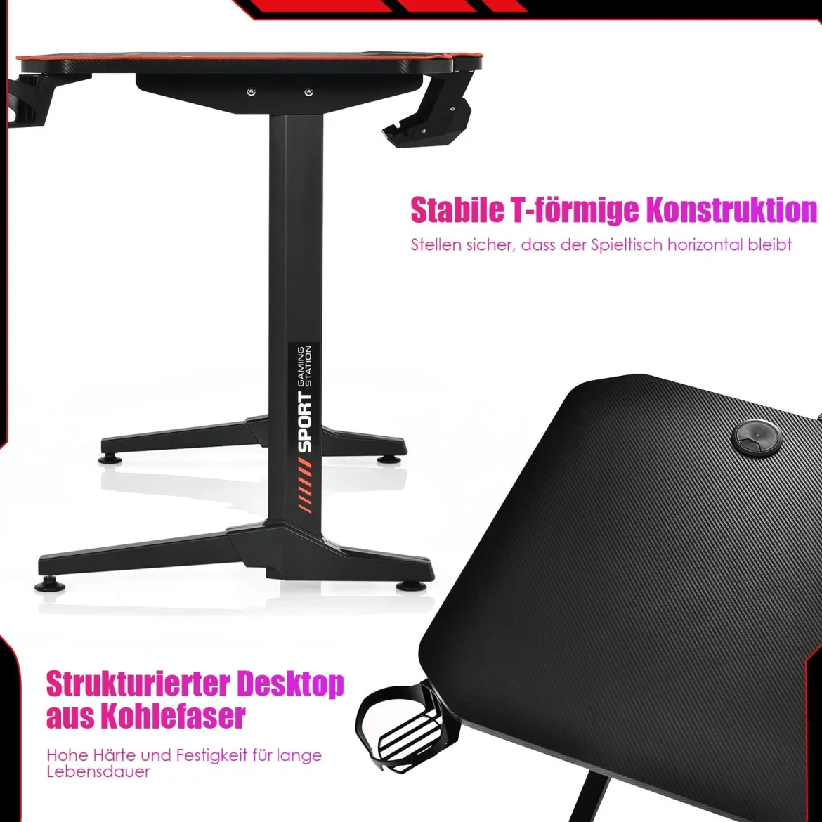 Gaming Tisch 3-fach höhenverstellbarer Computertisch Schreibtisch Schwarz