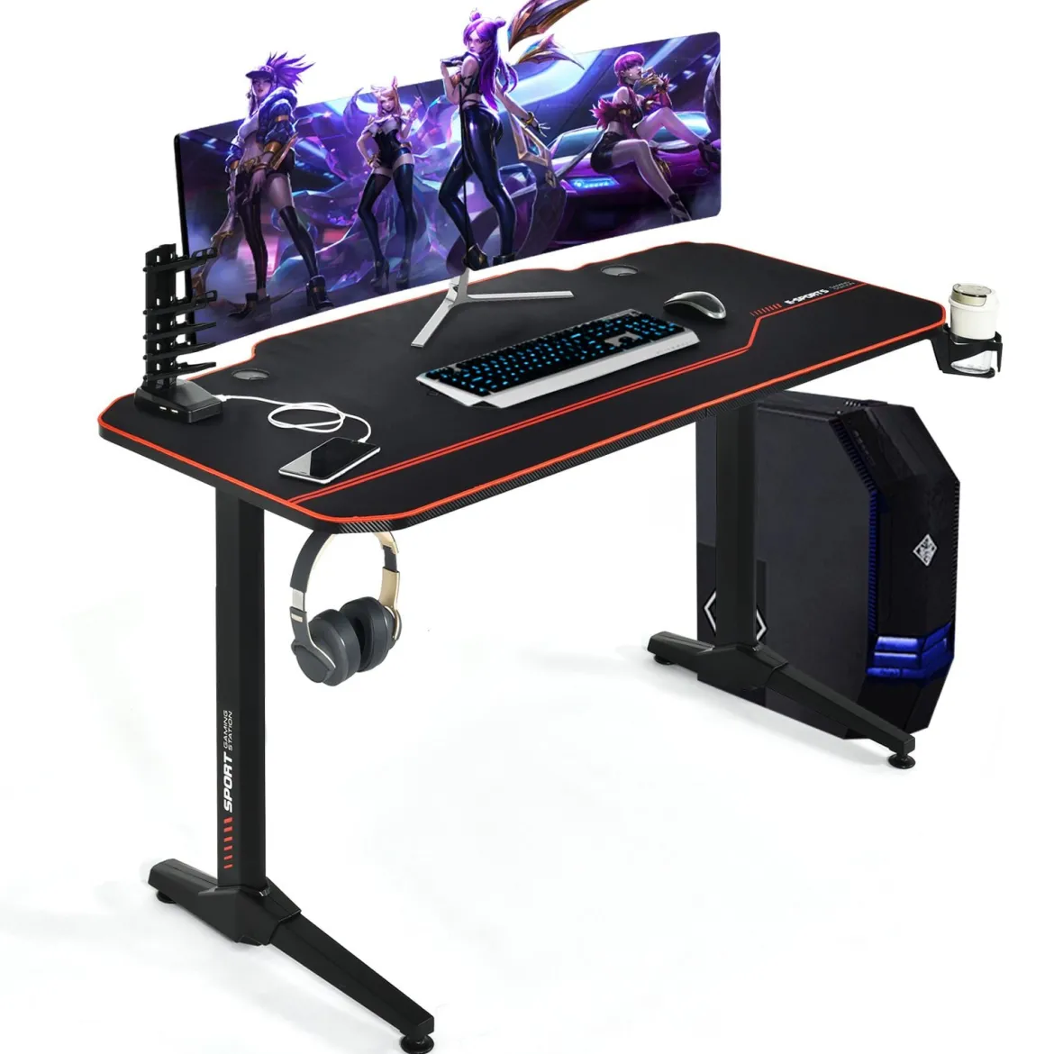 Gaming Tisch 3-fach höhenverstellbarer Computertisch Schreibtisch Schwarz