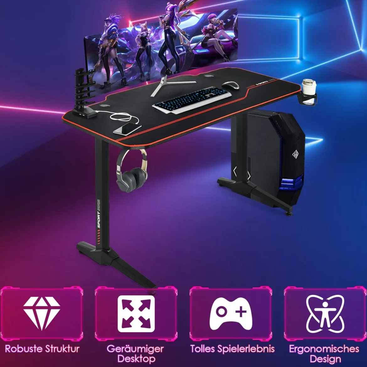 Gaming Tisch 3-fach höhenverstellbarer Computertisch Schreibtisch Schwarz