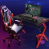 Gaming Tisch mit höhenverstellbare Fußpolster Schreibtisch mit Becherhalter Kopfhörerhaken