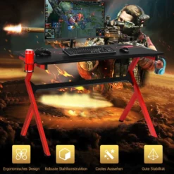 Gaming Tisch mit höhenverstellbare Fußpolster Schreibtisch mit Becherhalter Kopfhörerhaken
