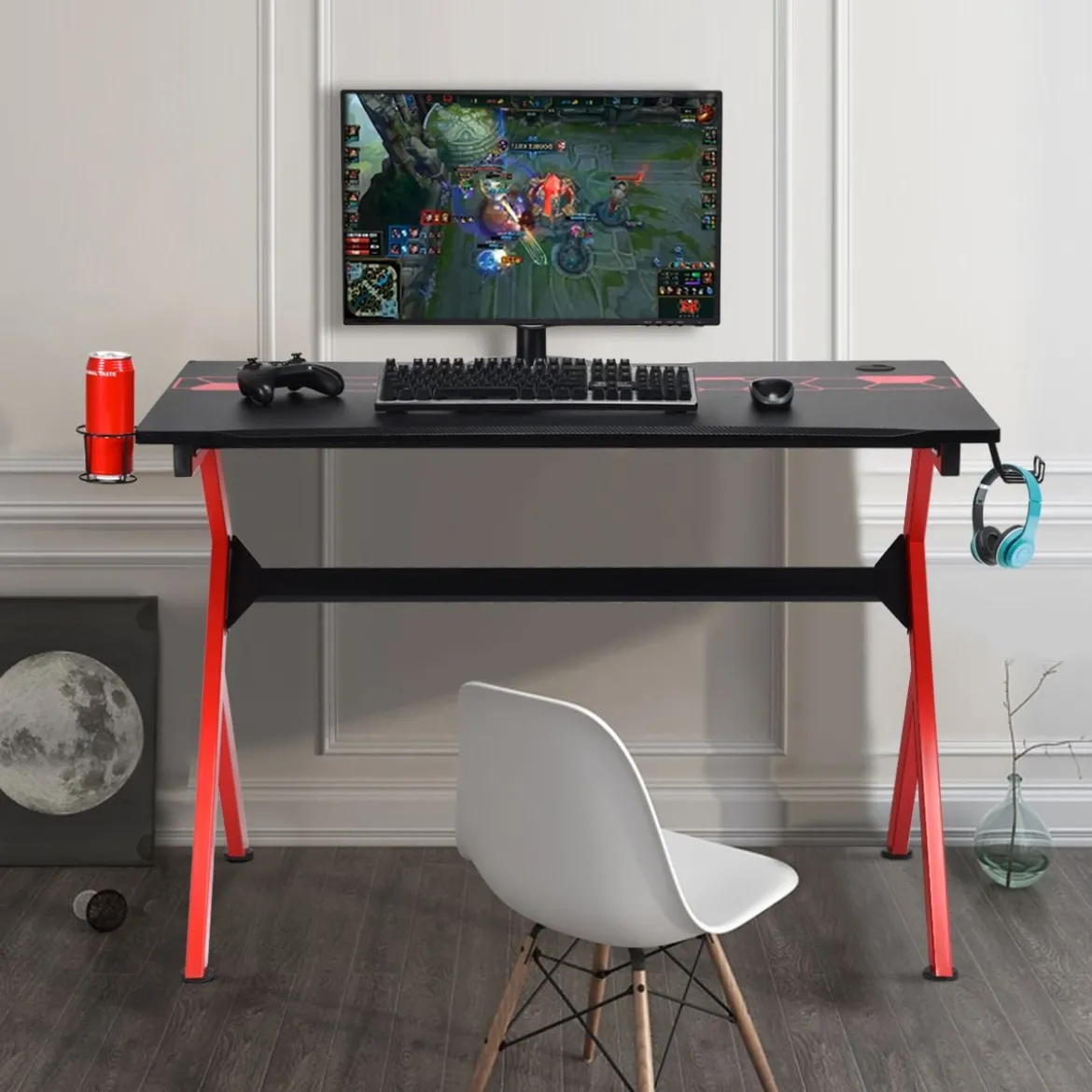 Gaming Tisch mit höhenverstellbare Fußpolster Schreibtisch mit Becherhalter Kopfhörerhaken