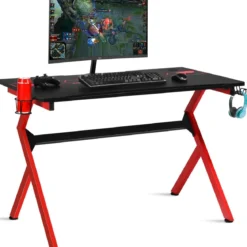 Gaming Tisch mit höhenverstellbare Fußpolster Schreibtisch mit Becherhalter Kopfhörerhaken