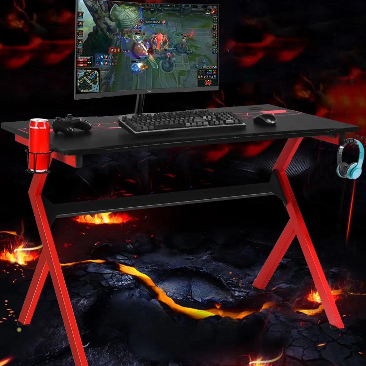 Gaming Tisch mit höhenverstellbare Fußpolster Schreibtisch mit Becherhalter Kopfhörerhaken