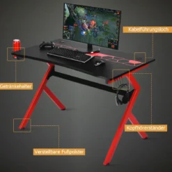 Gaming Tisch mit höhenverstellbare Fußpolster Schreibtisch mit Becherhalter Kopfhörerhaken