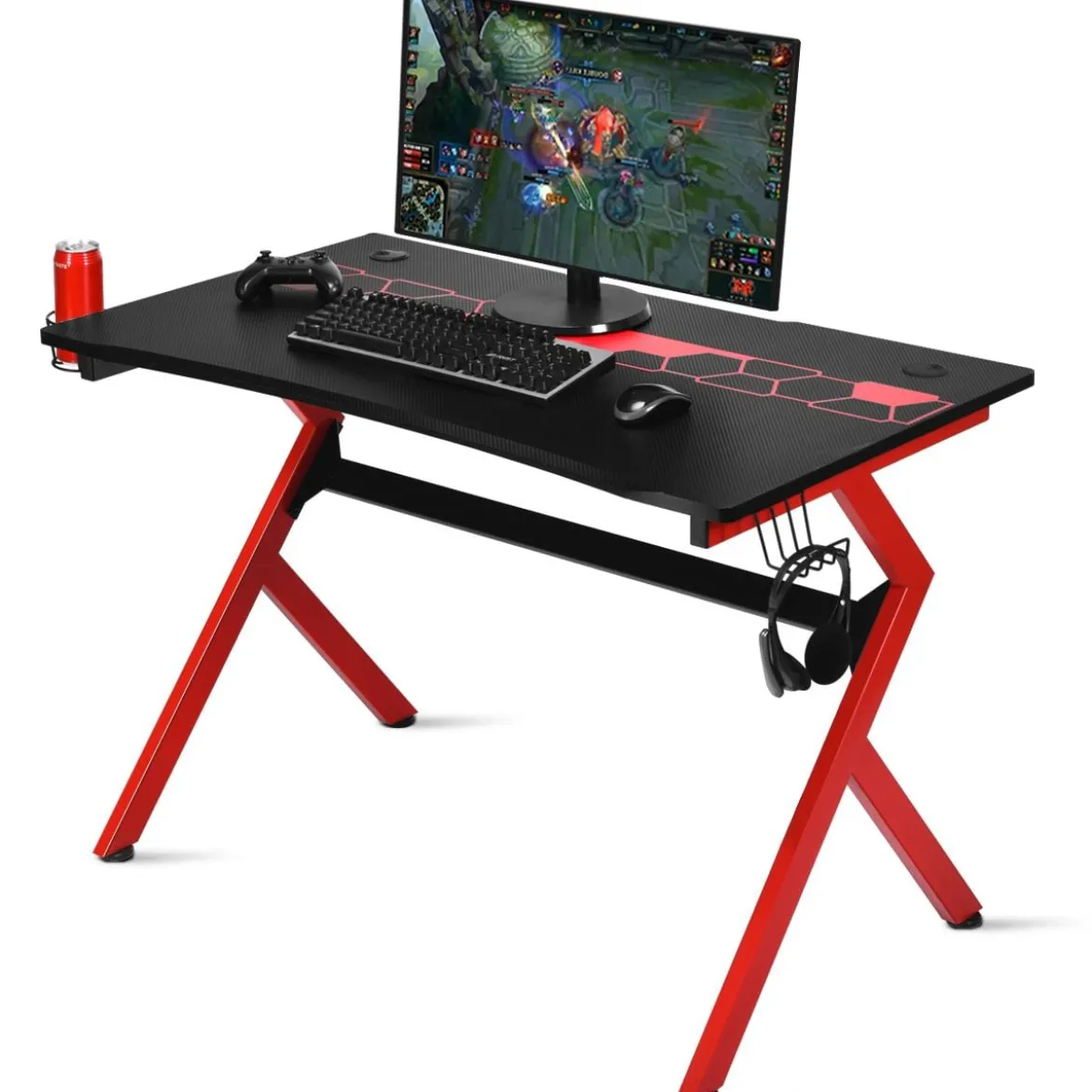 Gaming Tisch mit höhenverstellbare Fußpolster Schreibtisch mit Becherhalter Kopfhörerhaken