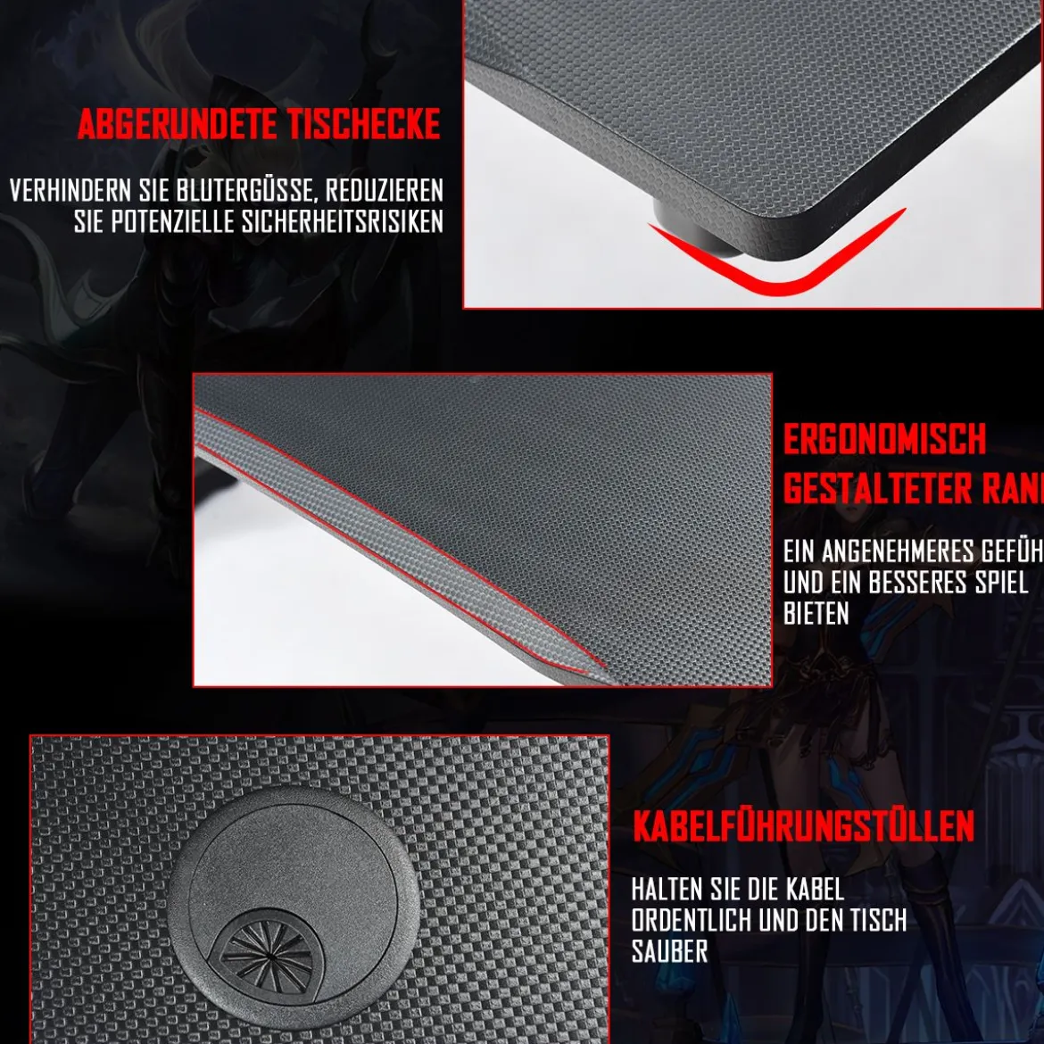 Gamingtisch mit Tassen- und Kopfhörerhalter Mauspad E-Sports Tisch Schwarz