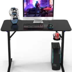 Gaming Tisch T-förmiger Computertisch LED mit Controller-Ständer und Getränkehalter Schwarz