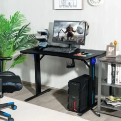 Gaming Tisch T-förmiger Computertisch LED mit Controller-Ständer und Getränkehalter Schwarz