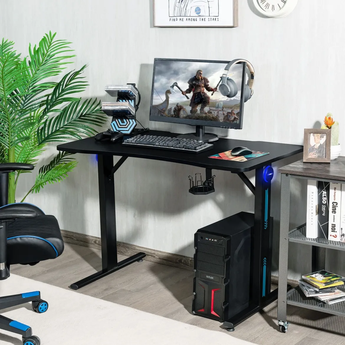 Gaming Tisch T-förmiger Computertisch LED mit Controller-Ständer und Getränkehalter Schwarz