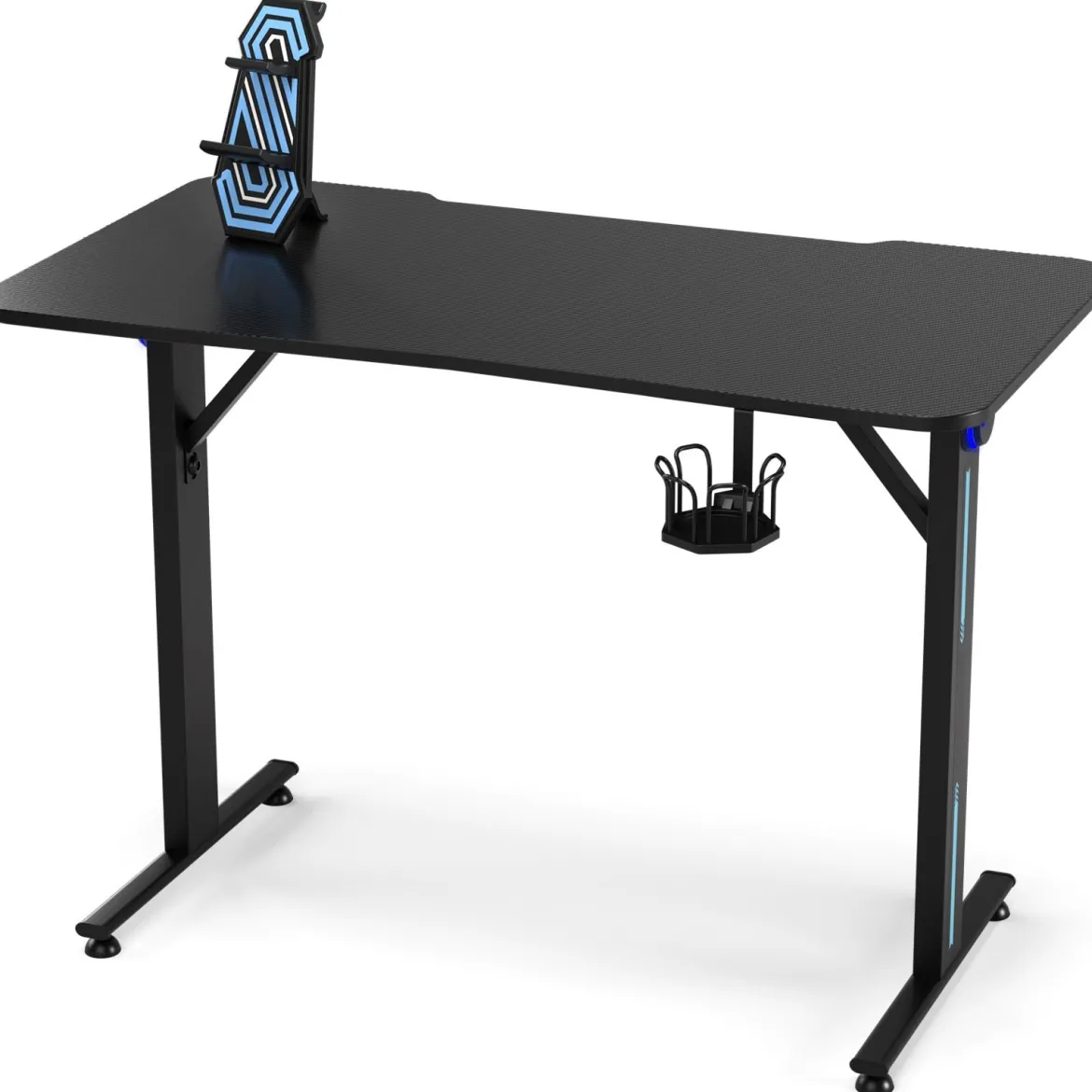Gaming Tisch T-förmiger Computertisch LED mit Controller-Ständer und Getränkehalter Schwarz