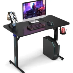 Gaming Tisch T-förmiger Computertisch LED mit Controller-Ständer und Getränkehalter Schwarz