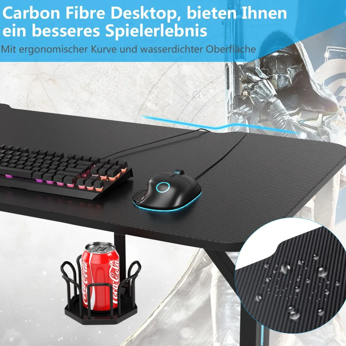 Gaming Tisch T-förmiger Computertisch LED mit Controller-Ständer und Getränkehalter Schwarz