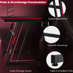 Gaming Tisch Z-förmig mit Getränkehalter Kopfhörerhaken Gamepad-Halterung Ergonomischer Schreibtisch
